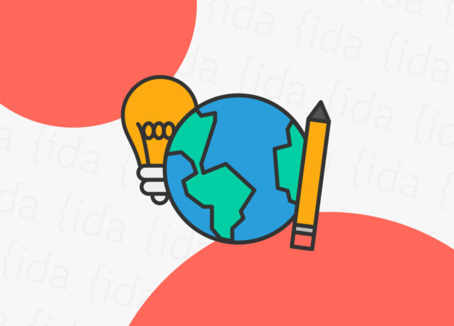 ícono del mundo, acompañado por una ampolleta y un lápiz.