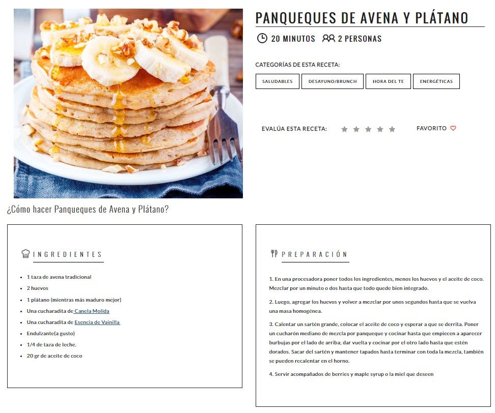 Receta de panqueques de avena y plátano, en la cual existe una imagen de referencia, título, ingredientes y preparación. Además, este ejemplo hace referencia a los estándares mínimos de accesibilidad en un sitio.