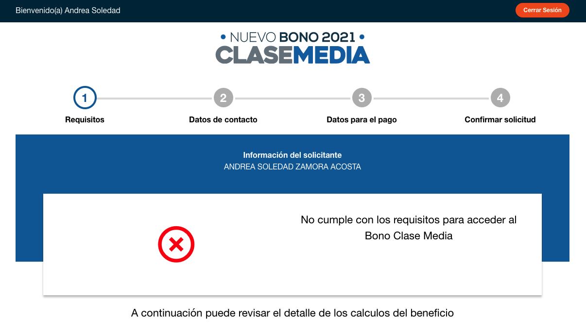 Pantalla que dice que no se cumplen con los requisitos para contar con el bono.