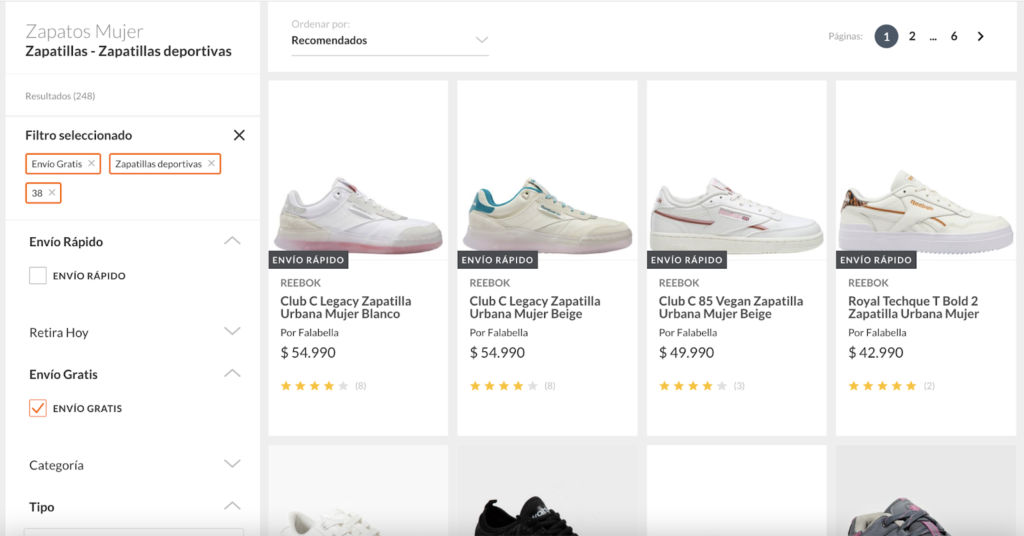 Filtros aplicados en menú lateral.