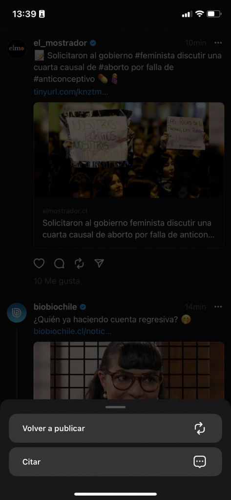 Threads y sus opciones de publicación.