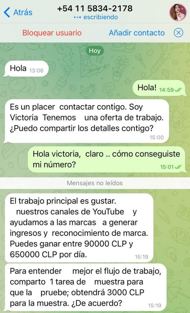Pantallazo de conversación de persona estafadora