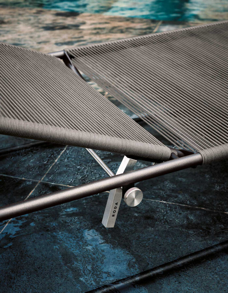 This photo shows the Harp outdoor sunbed by RODA