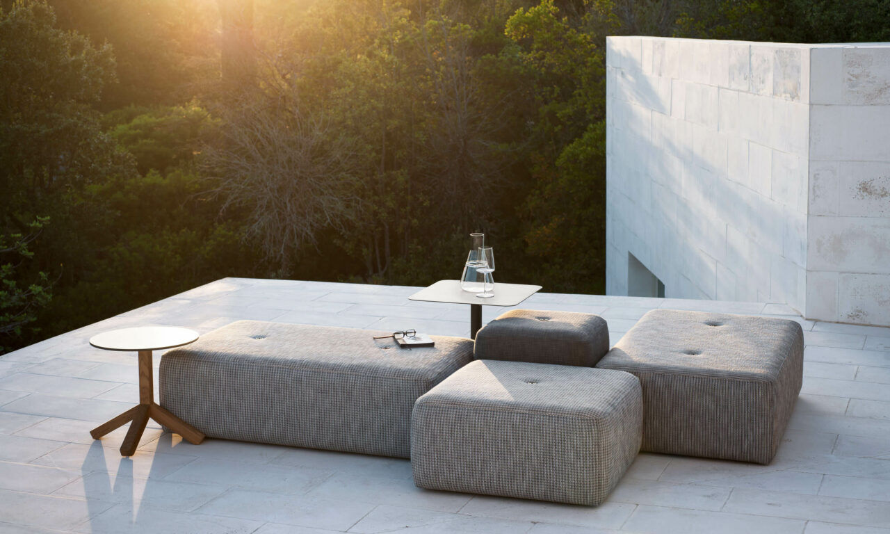 This photo shows Double outdoor poufs by RODA