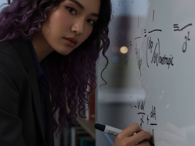 A woman with purple hair writing equations on a whiteboard.