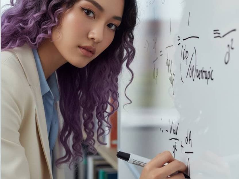 A woman with purple hair writing equations on a whiteboard.