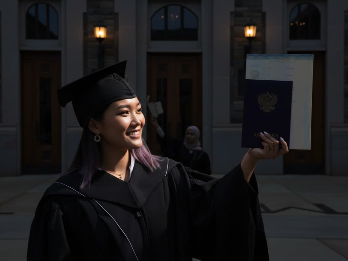 A smiling graduate holding her diploma.