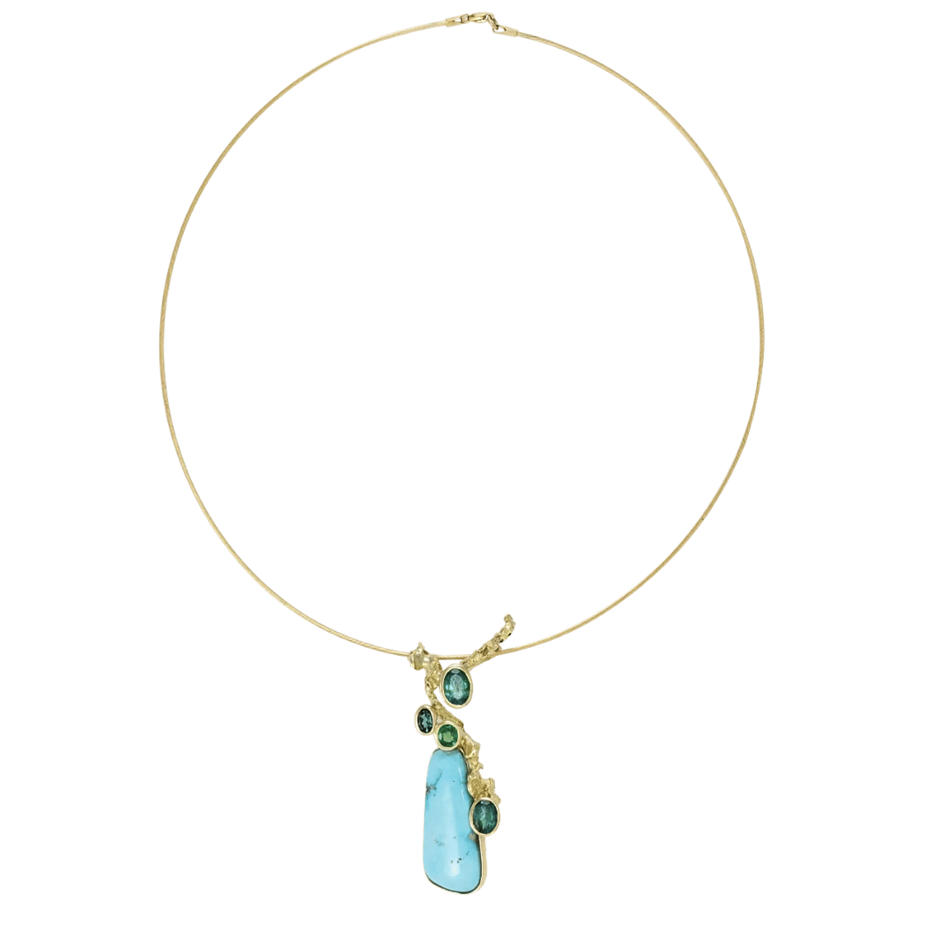 Full view of the Turquoise Branch Pendant Yellow Gold Necklace with Green Tourmaline designed by Thierry Vendôme
