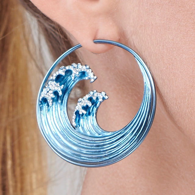 Close up of Blue Titanium Large Hokusai Hoops
