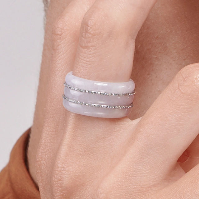 Close up of Diamond Blue Lotus Lavender Jade Wide Band