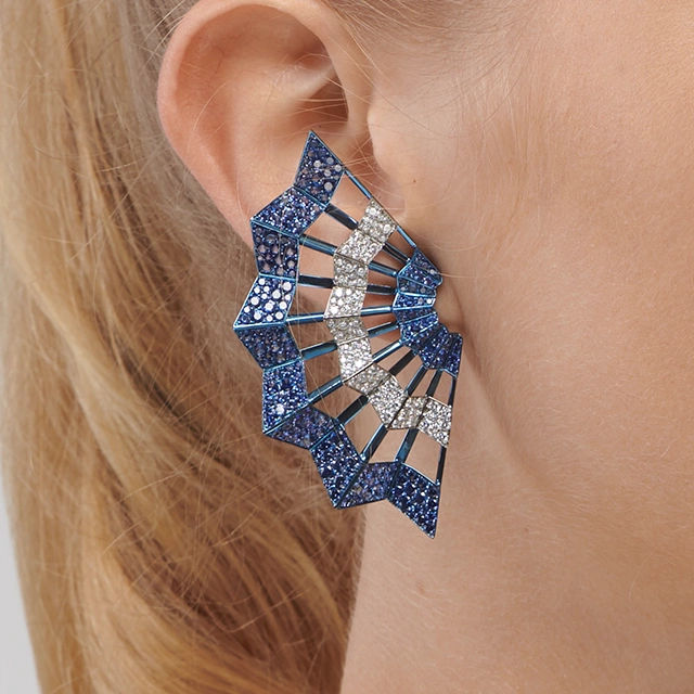Close up of Diamond and Sapphire Titanium Dragonfly Earrings