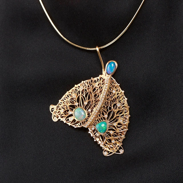 Close up of Dream Butterfly Diamond and Opal Pendant