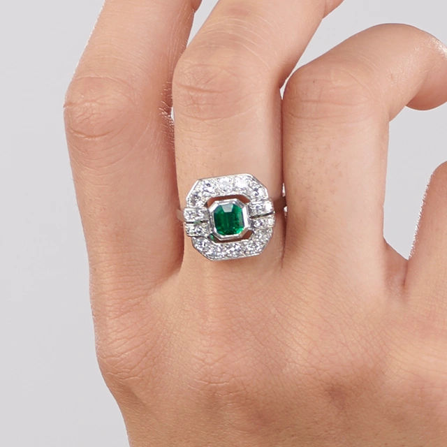 Close up of French Estate Emerald and Diamond Ring