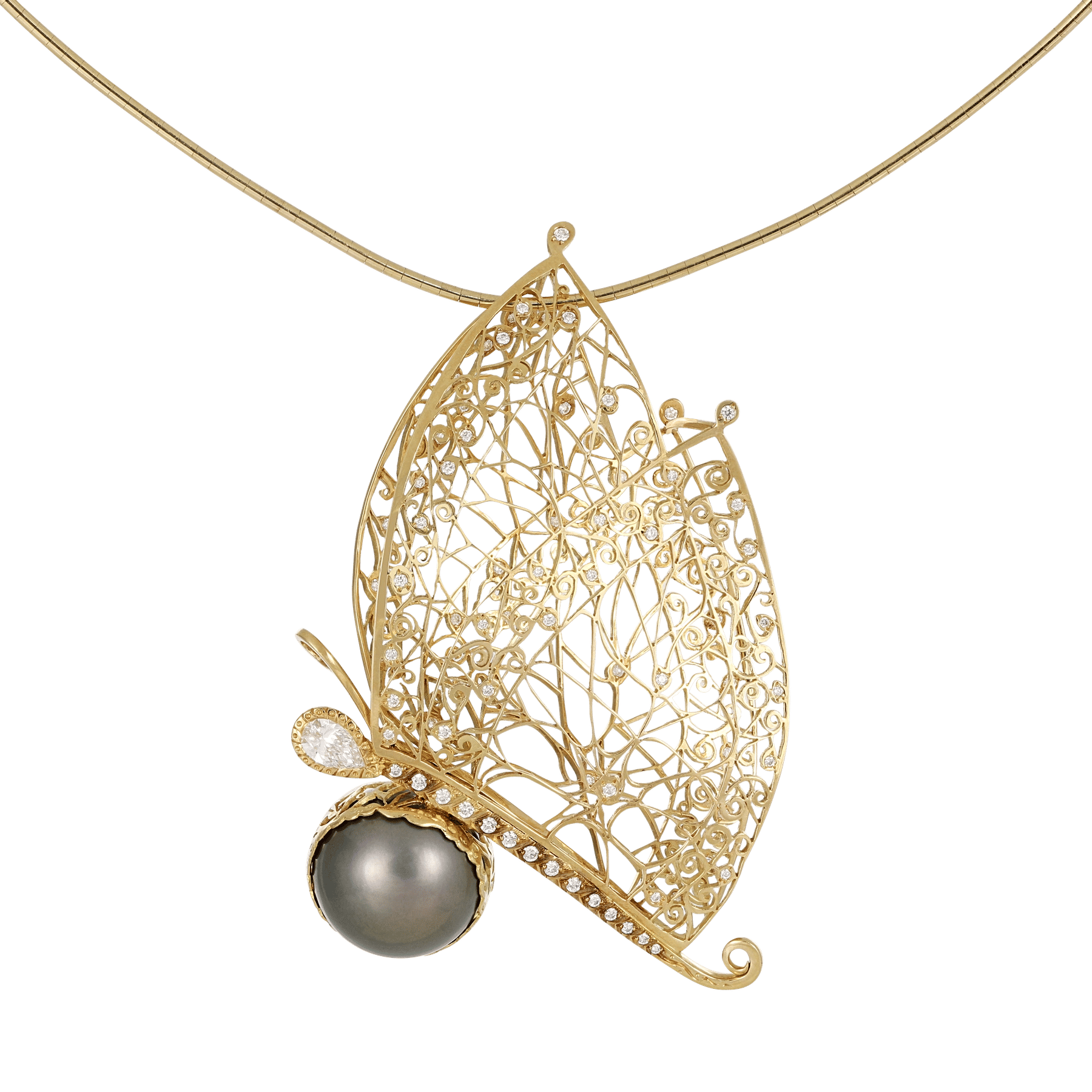 Front image of Butterfly Tahitian Pearl Yellow Gold Lace Pendant