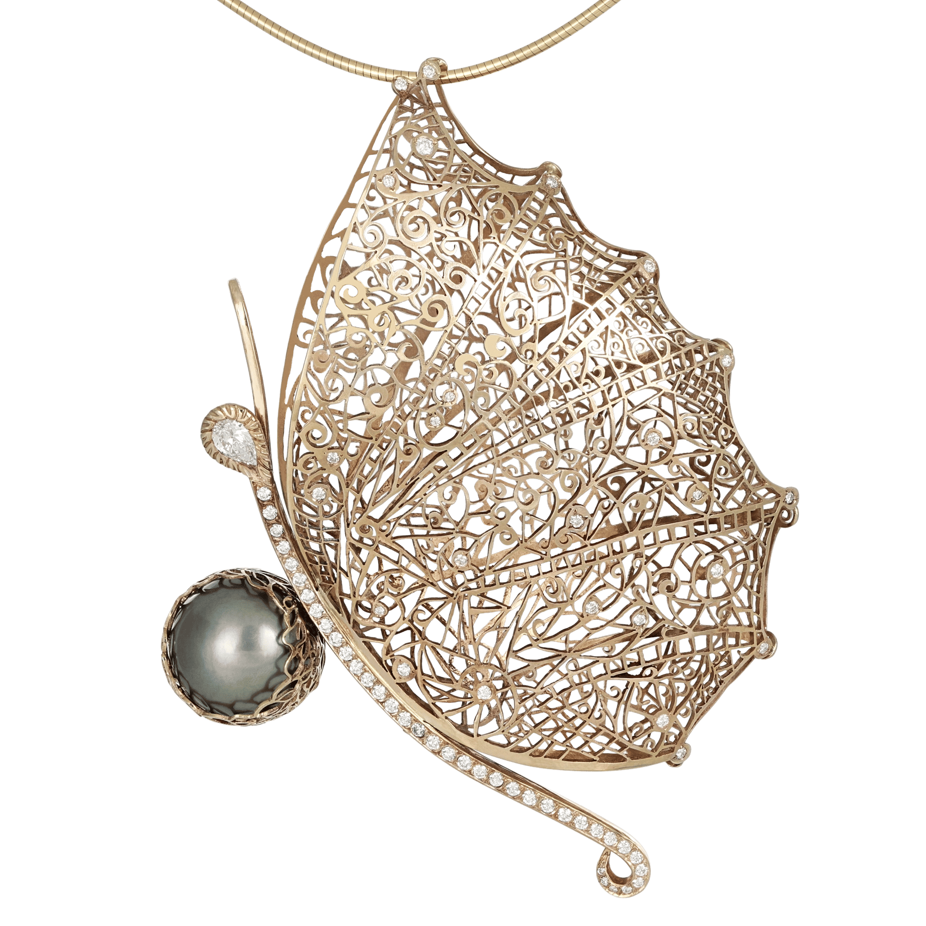 Front image of Tahitian Pearl Butterfly Red Gold Lace Pendant