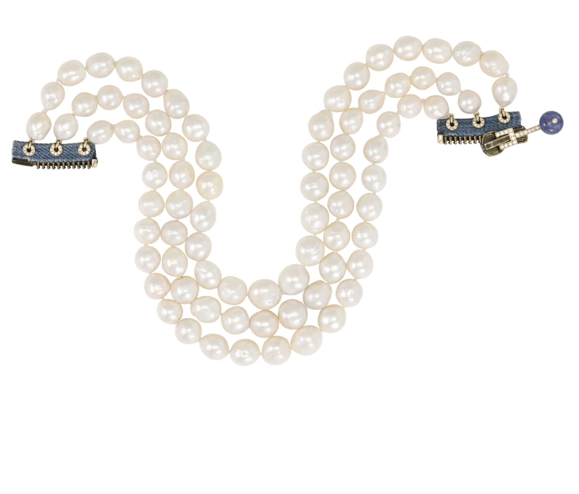 Full view of Freshwater Pearl Zip Necklace by Patrice Fabre