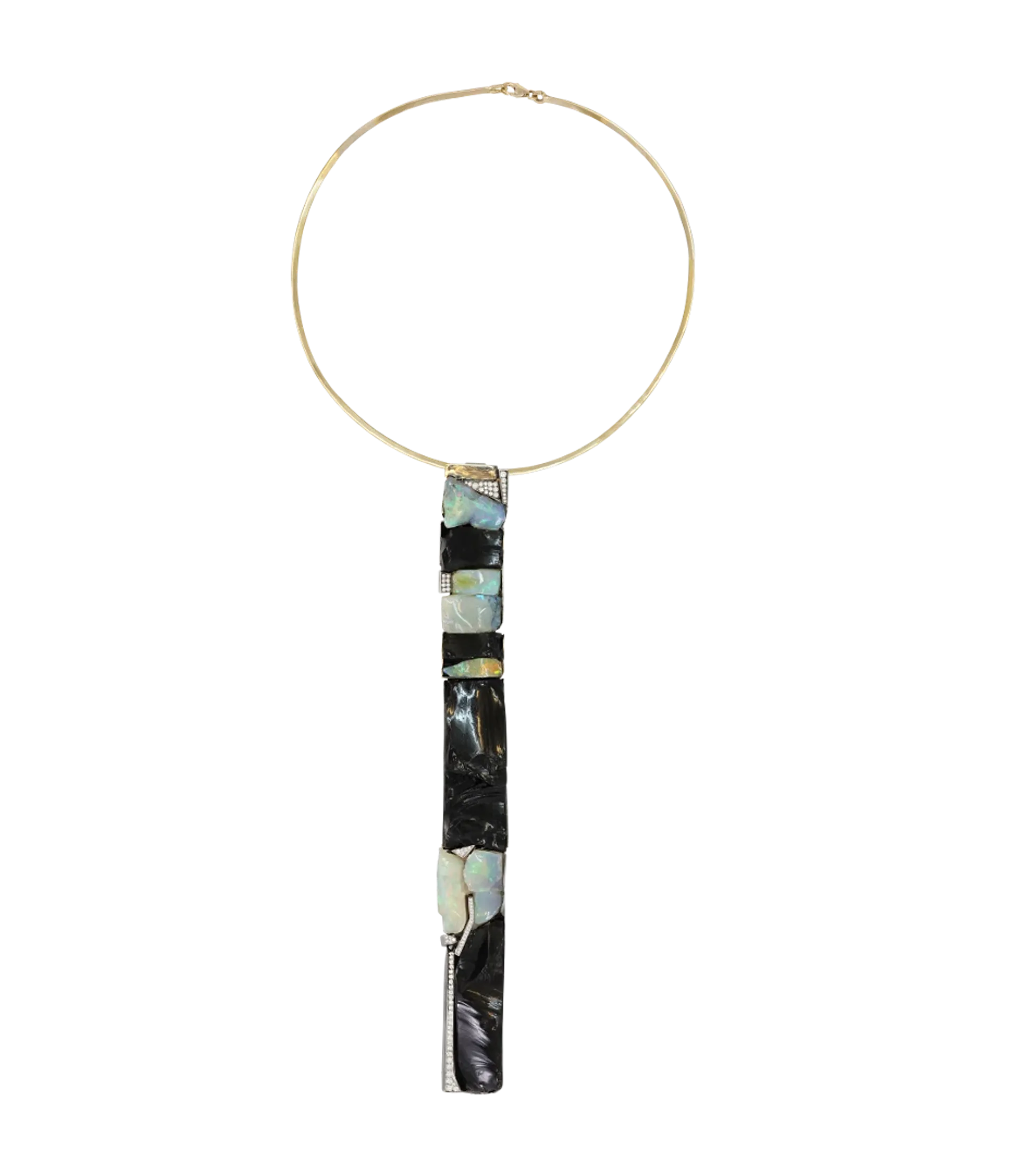 Front image of Seawall Sautoir Yellow and White Gold Necklace with Obsidian and Ethiopian Opal designed by Thierry Vendome