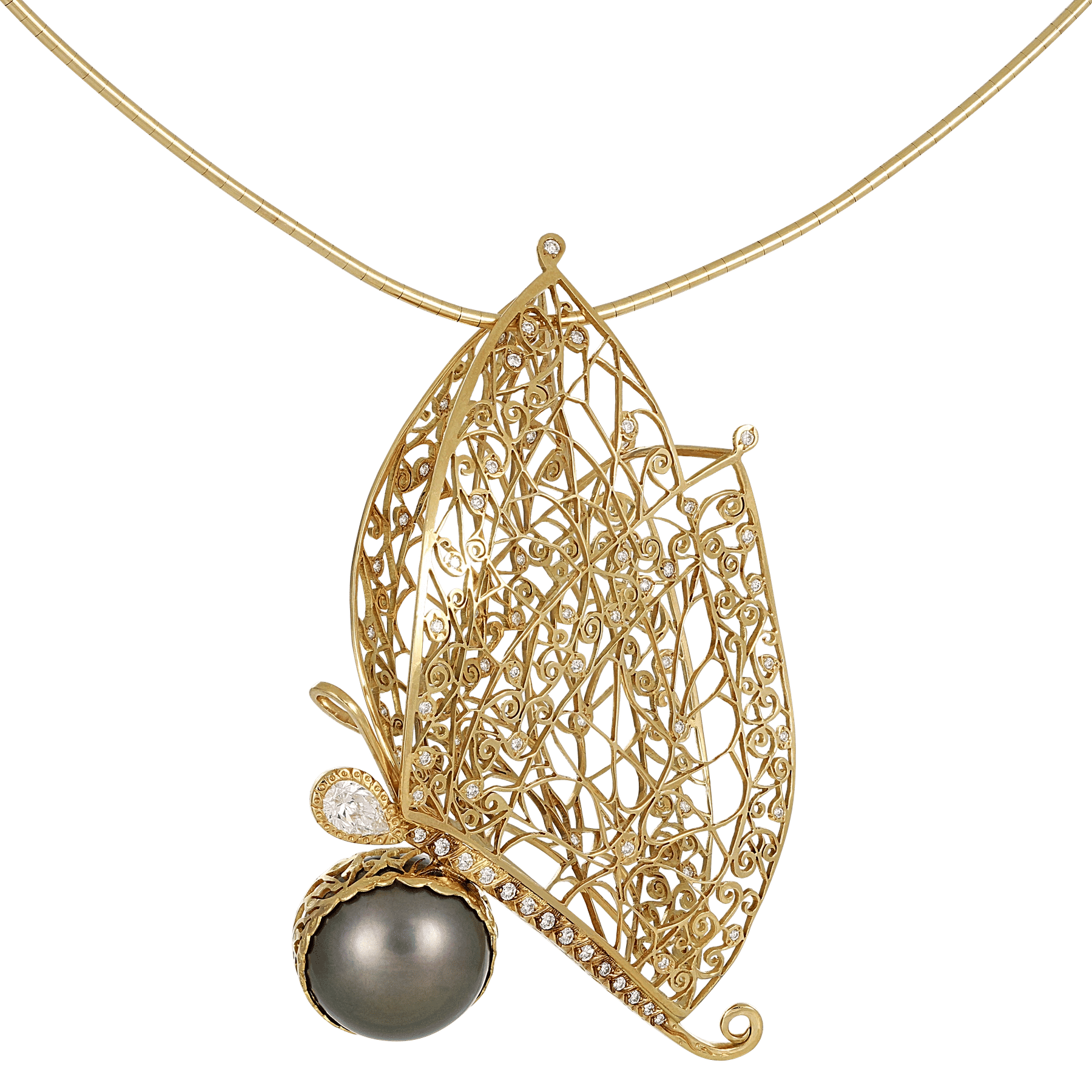 Side image of Butterfly Tahitian Pearl Yellow Gold Lace Pendant