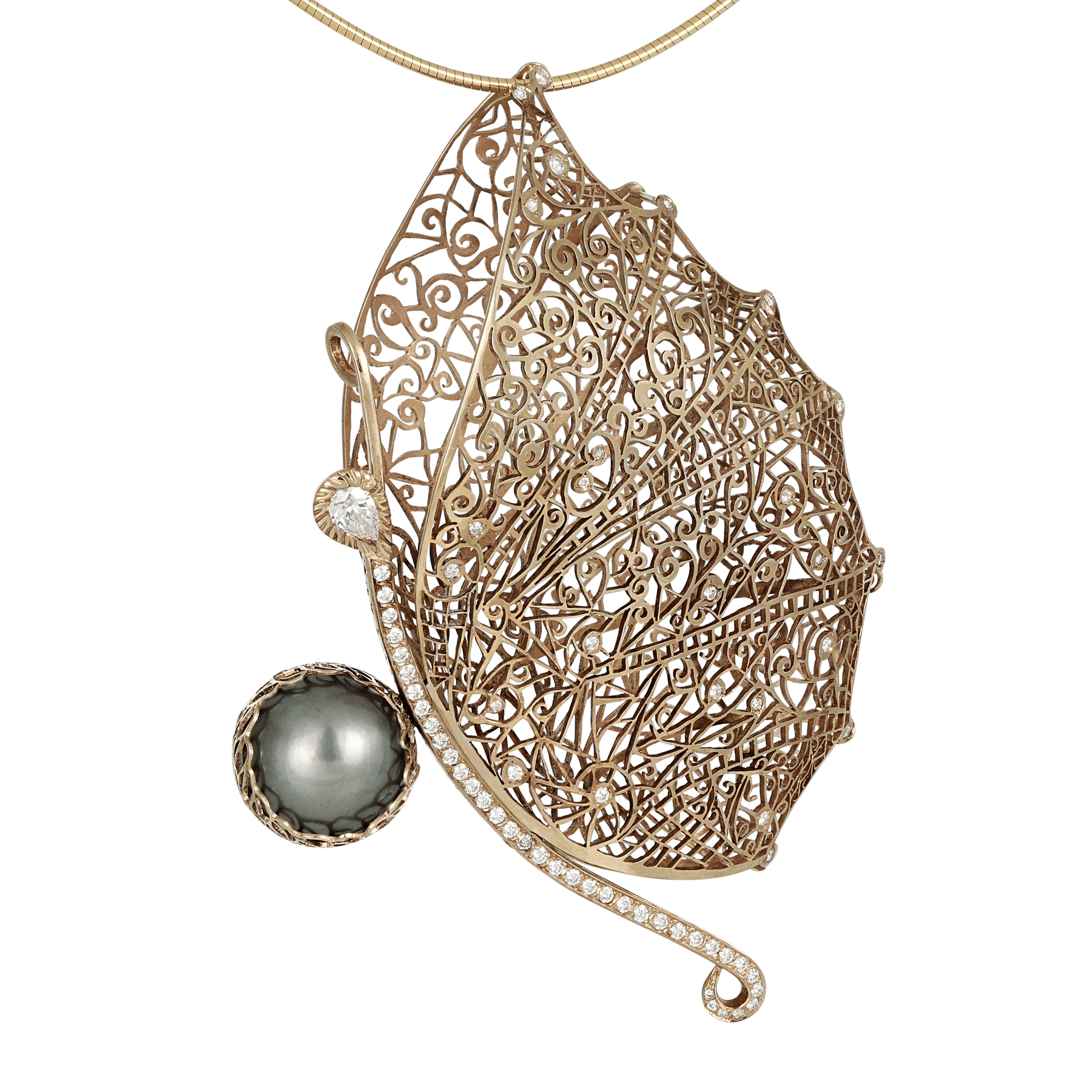 Side image of Tahitian Pearl Butterfly Red Gold Lace Pendant 2