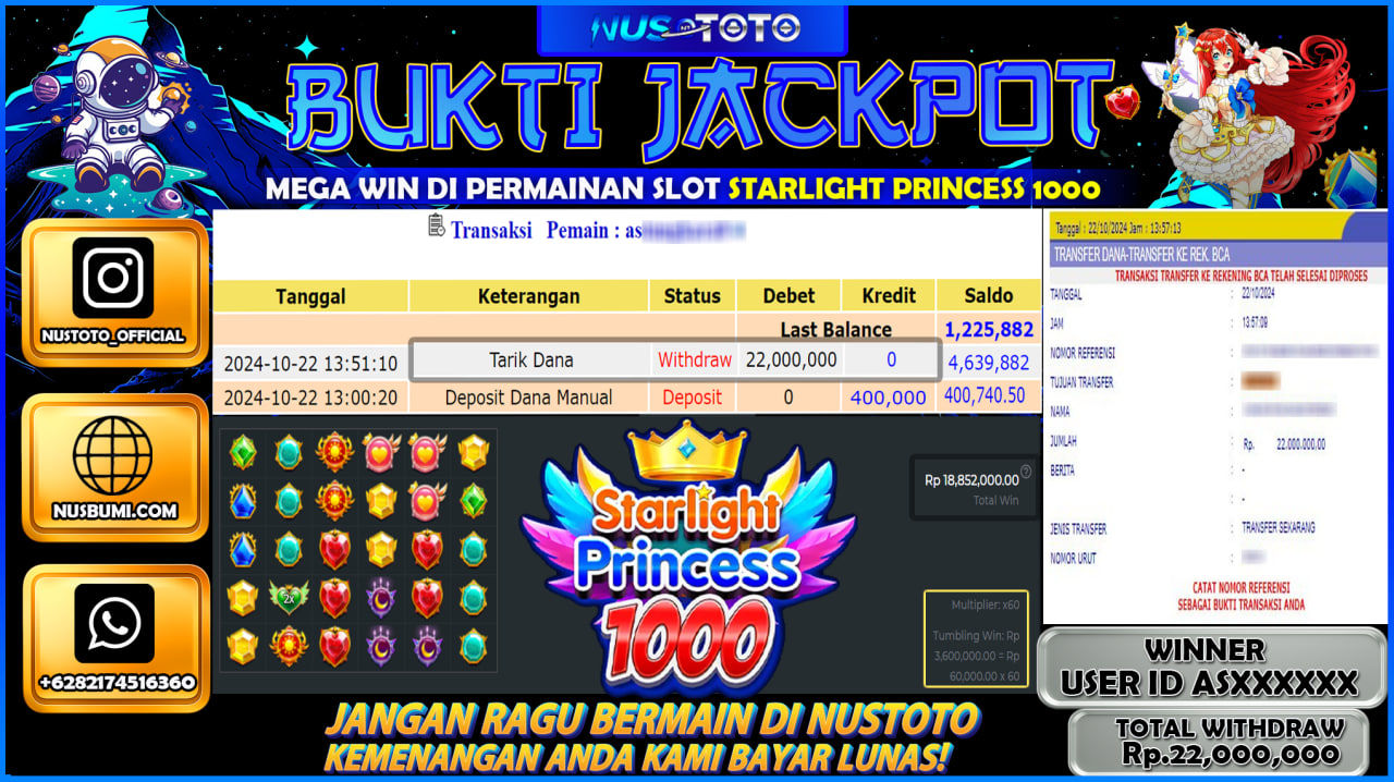 JACKPOT !! MENANG BESAR DI SLOT STARLIGHT PRINCESS  1000 Rp. 22.000.000 LANGSUNG DI BAYAR LUNAS NUSTOTO !!