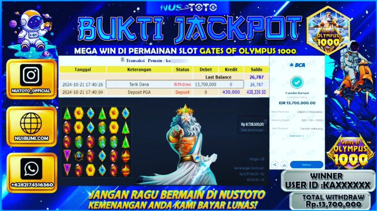 JACKPOT !! MENANG BESAR DI SLOT GATES OF OLYMPUS 1000 Rp. 13.700.000 LANGSUNG DI BAYAR LUNAS NUSTOTO !!