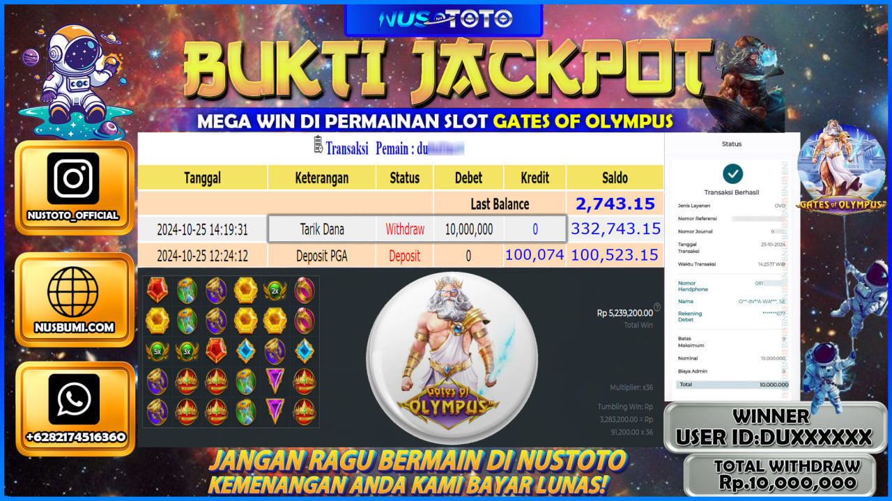 JACKPOT !! MENANG BESAR DI SLOT GATES OF OLYMPUS Rp. 10.000.000 LANGSUNG DI BAYAR LUNAS NUSTOTO !!