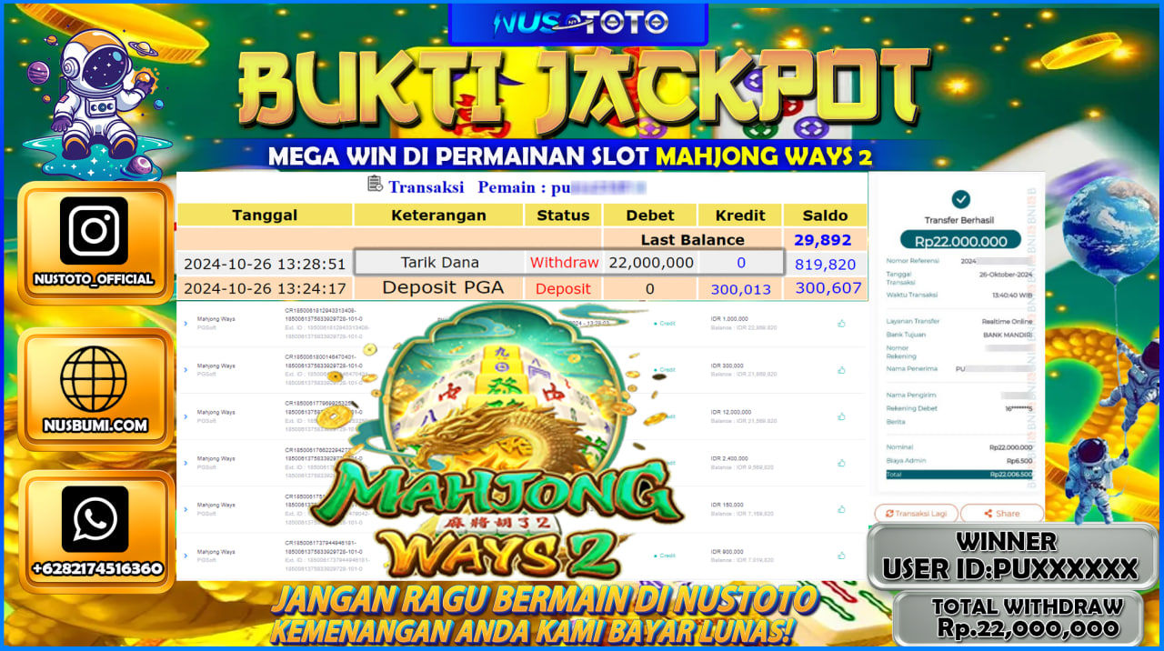 JACKPOT !! MENANG BESAR DI SLOT MAHJONG WAYS 2 Rp. 22.000.000 LANGSUNG DI BAYAR LUNAS NUSTOTO !!