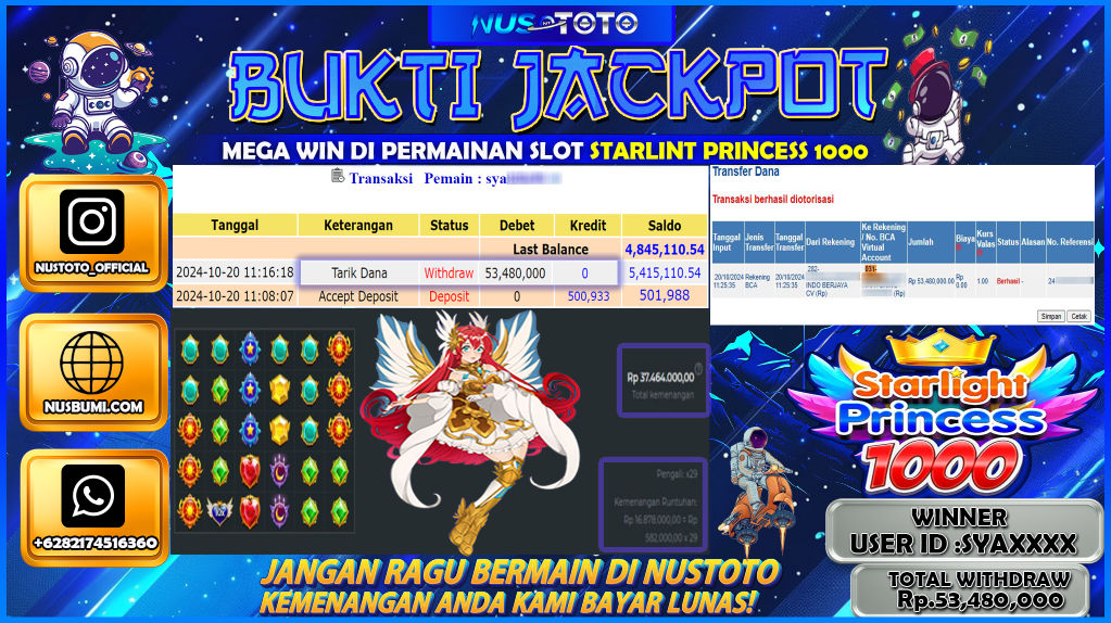 JACKPOT !! MENANG BESAR DI SLOT STARLIGHT PRINCESS  1000 Rp. 54.480.000 LANGSUNG DI BAYAR LUNAS NUSTOTO !!