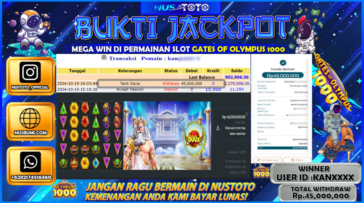 JACKPOT !! MENANG BESAR DI SLOT GATES OF OLYMPUS 1000 Rp. 45.000.000 LANGSUNG DI BAYAR LUNAS NUSTOTO !!