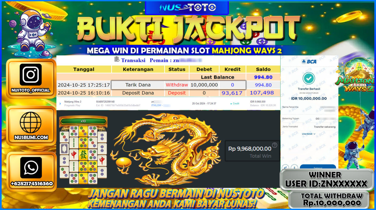 JACKPOT !! MENANG BESAR DI SLOT MAHJONG WAYS 2 Rp. 10.000.000 LANGSUNG DI BAYAR LUNAS NUSTOTO !!