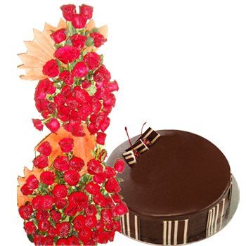 100 Red Roses tall basket with chocolate truffle cake