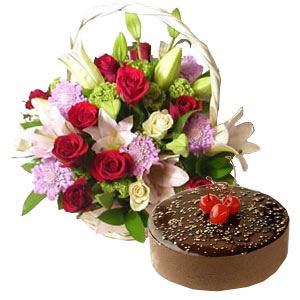 Exotic Flowers Basket with Chocolate Truffle Cake