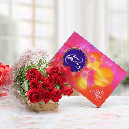 10 Red Roses with Cadbury Celebration Chocolate Box