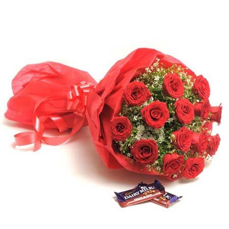 20 Red Roses in Red Paper Packing with 2 Fruit and Nut Chocolates