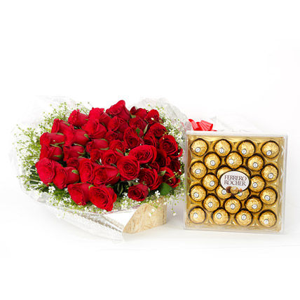 50 Red Roses Bunch with 24 Pcs Ferrero Chocolate Box