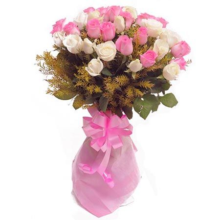 18 Pink and 12 White Roses Bunch