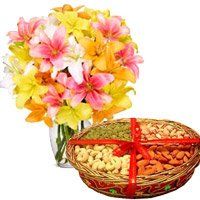 10 Mix Lily Vase and 1 Kg Mix Dry Fruits