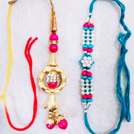 Blue Stone Rakhi and Golden Lumba