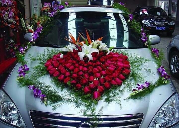 Marriage Car Decoration with Heart Roses, BOPs and Orchids