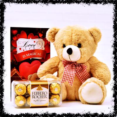 Valentine Combo of Card, Teddy and Ferrero Chocolates