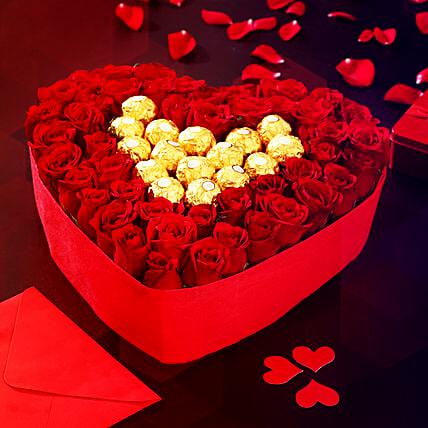 Valentine Heart Shape Roses and Ferrero Arrangemenet