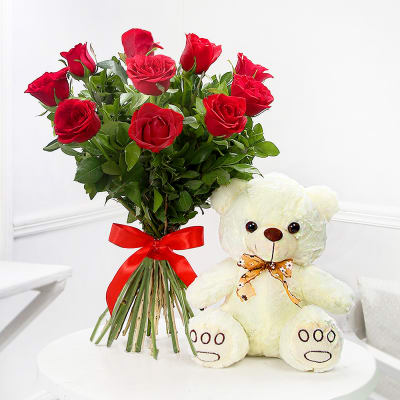 Valentine 10 Red Roses Bunch with Cute Teddy Bear