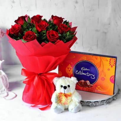 10 Red Roses Bunch, Teddy and Celebration Chocolate Box