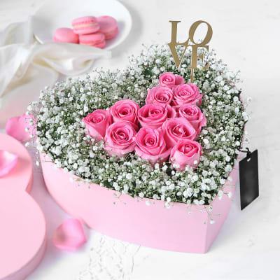 Pink Roses Heart Arrangement in Pink Box