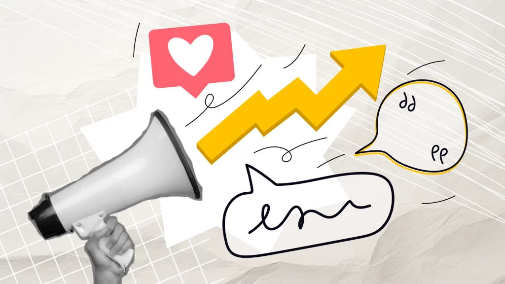 Beyaz ağırlıklı kreatif papercut tarzı görsel; megafon, düşünce baloncukları, yükselen grafik çizgisi ve kalp simgesi içeriyor.