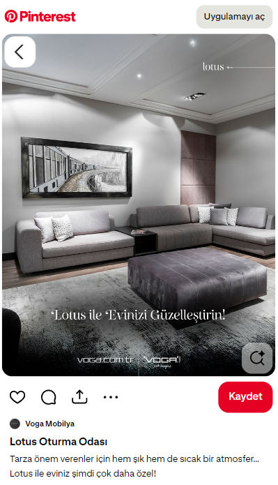 Voga Mobilya Pinterest paylaşımı ekran görüntüsü; “Lotus ile Evinizi güzelleştirin” mesajı ve Lotus oturma odası ürünü fotoğrafı yer alıyor.
