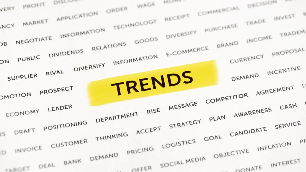 Beyaz arka planda yaklaşık 50 kelimenin yer aldığı görsel; ortada sarı vurgu ile “Trends” kelimesi öne çıkıyor.