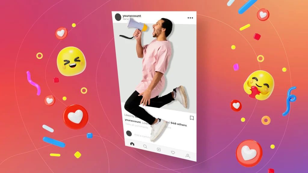 Turuncu-pembe-mor pastel arka planda emojiler bulunan görselde, Instagram gönderisi çerçevesine yerleştirilmiş 3D bir adam megafonla duyuru yapıyor.