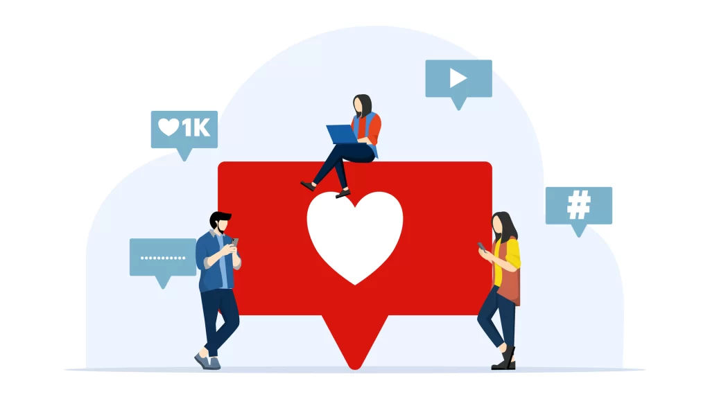 Sosyal medya reklamcılığı için pastel tonlarda hazırlanmış görselde iki kişi telefona, bir kişi ise laptoba bakıyor.