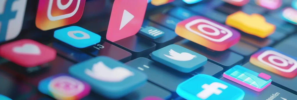 Sosyal medya reklamcılığı için klavye üzerinde 3D olarak tasarlanmış Twitter, Instagram ve Facebook logoları.